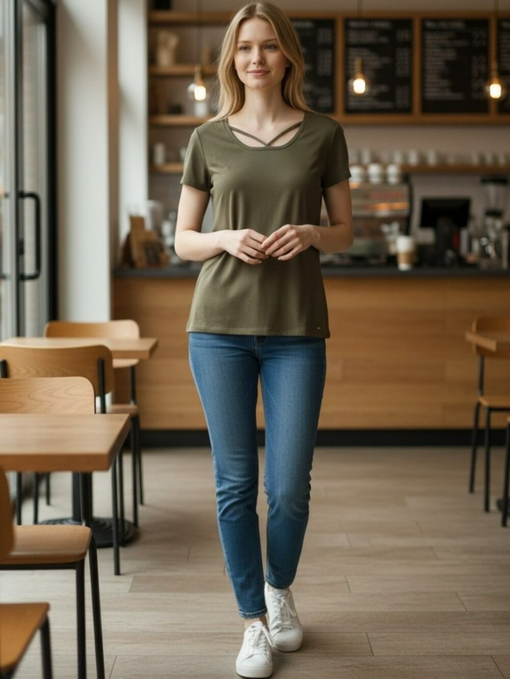 Ivanka Trump Olive Green Short-Sleeve Crewneck Top with Back Strap